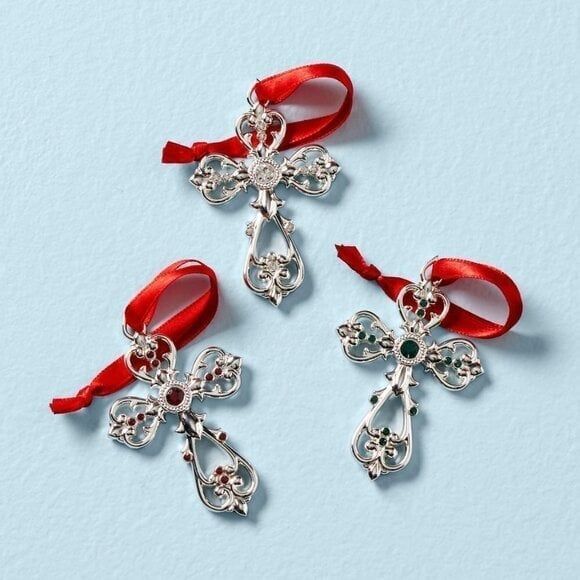 Lenox Mini 3-Piece Cross Silverplate Ornament Set 3 Colored Gem - Picture 1 of 1